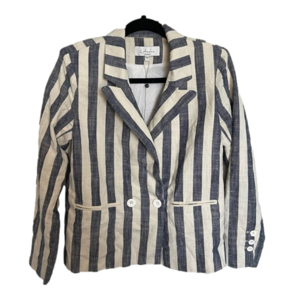 L'ACADEMIE Poppy Linen Blend Blue White Striped Blazer Size Small